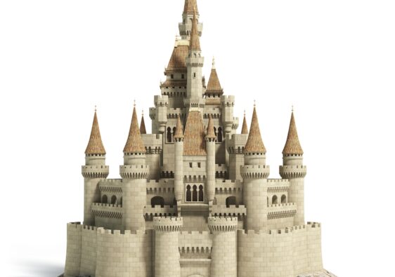 Old fairytale castle on the hill isolated on white.