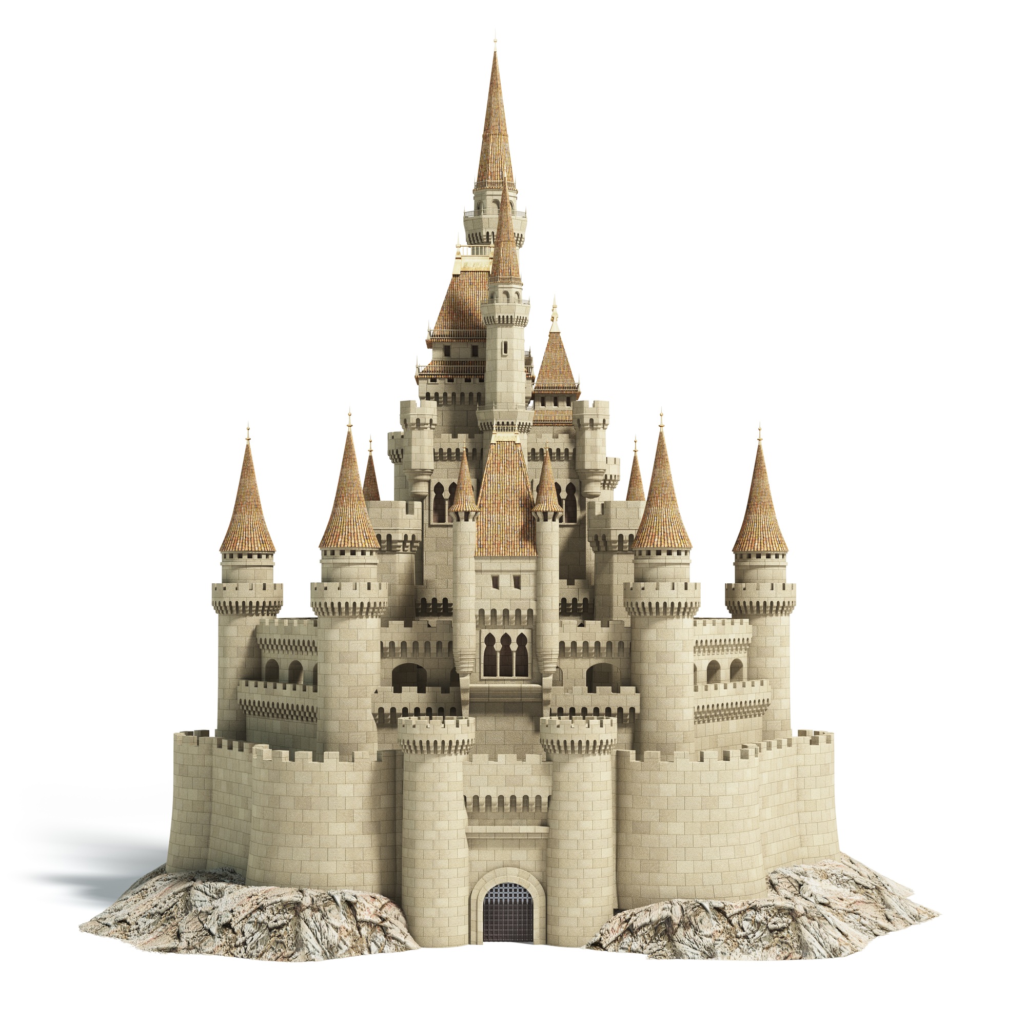 Old fairytale castle on the hill isolated on white.