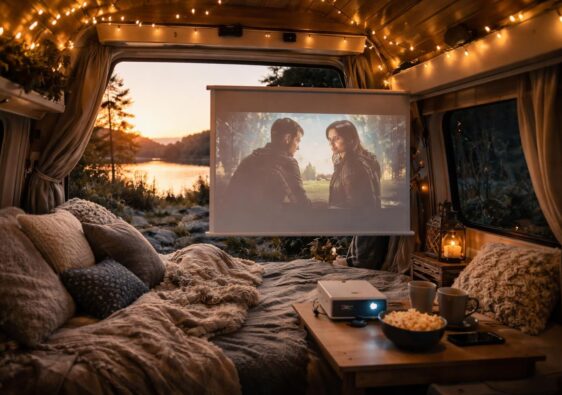 profitez de vos vacances en van en regardant vos séries préférées le soir grâce au mini vidéoprojecteur acer, idéal pour des soirées conviviales et nomades.