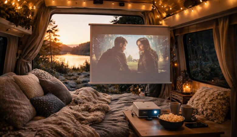 profitez de vos vacances en van en regardant vos séries préférées le soir grâce au mini vidéoprojecteur acer, idéal pour des soirées conviviales et nomades.