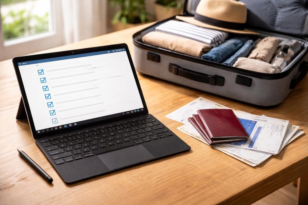 découvrez notre check-list complète pour un départ serein : préparez votre valise et organisez vos papiers directement sur votre tablette windows.