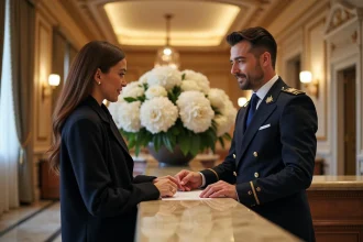Concierge d'un hôtel 5 étoiles à Strasbourg conseillant une cliente dans un hall de marbre élégant avec arrangement floral