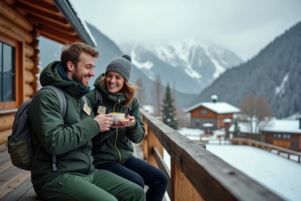 Couple de randonneurs en tenue hivernale déjeunant sur la terrasse d'un refuge de station de ski abordable en montagne