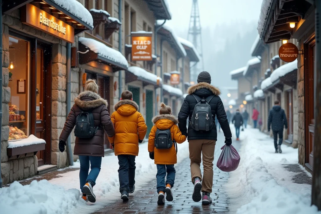 Famille en vacances se promenant dans le village enneigé d'une station de ski économique accessible depuis Paris