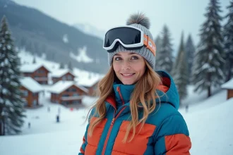 Skieuse souriante au sommet d'une piste enneigée d'une station de ski proche de Paris, entourée de sapins couverts de neige