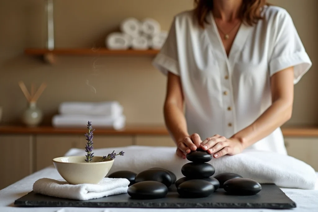 Thérapeute préparant un massage aux pierres chaudes dans le spa d'un hôtel 5 étoiles à Strasbourg avec décor en grès naturel