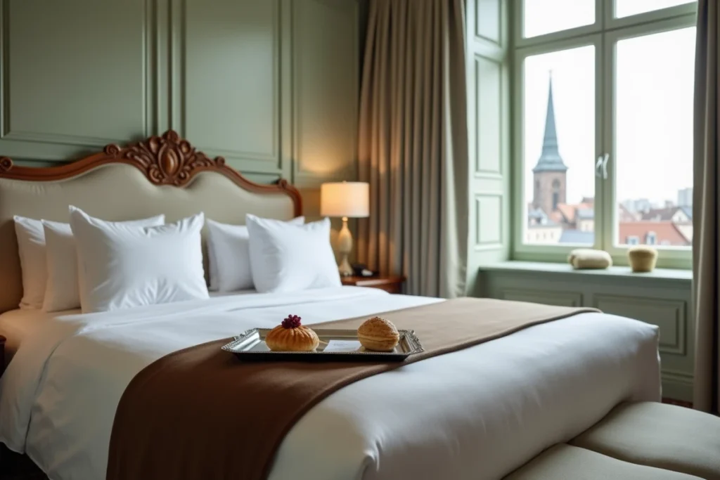Suite luxueuse d'un hôtel 5 étoiles à Strasbourg avec linge de lit raffiné, plateau de viennoiseries alsaciennes et vue sur la cathédrale