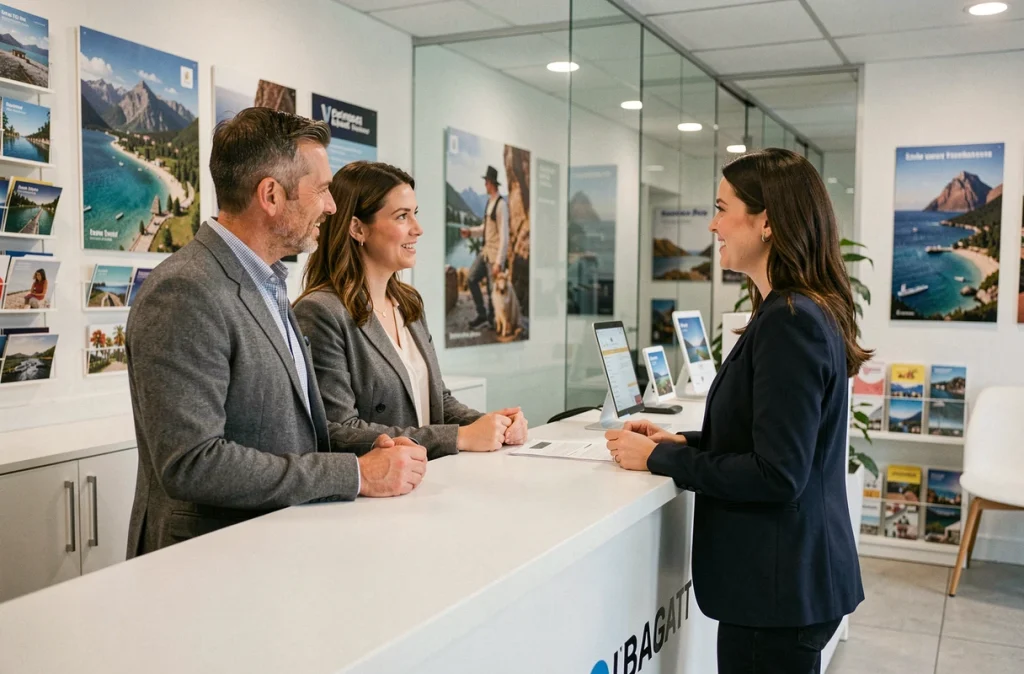 Couple en discussion avec un conseiller dans une agence de voyage classique