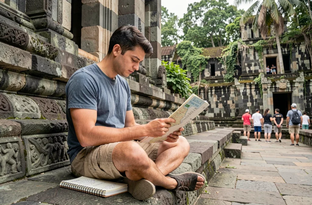 Voyageur consultant son carnet de budget assis sur les marches d'Angkor Wat, symbole du voyage économique au Cambodge