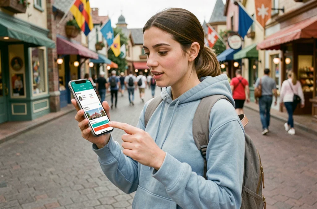 Jeune femme utilisant une application mobile pour gérer ses réservations FastPASS à Eurodisney Paris pendant sa visite