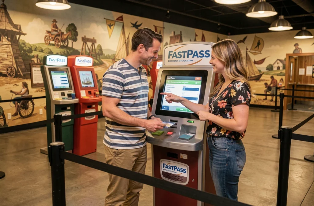Couple utilisant une borne de distribution FastPASS à Eurodisney Paris pour optimiser leur parcours des attractions