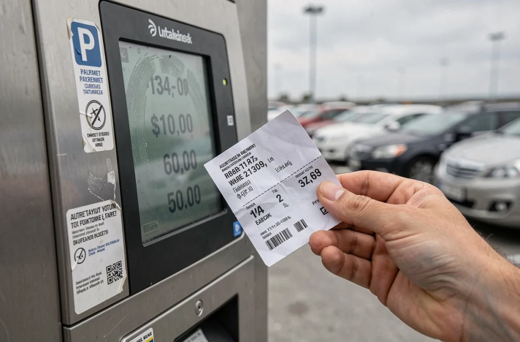 Gros plan sur un ticket de parking et une borne de paiement affichant un tarif élevé au parking de l'aéroport Toulouse-Blagnac