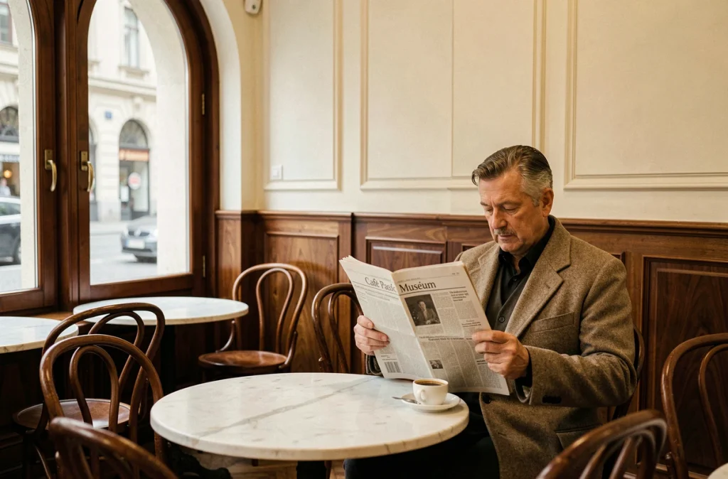 Intérieur du Café Museum à Vienne avec mobilier Jugendstil, chaises Thonet et client lisant un journal