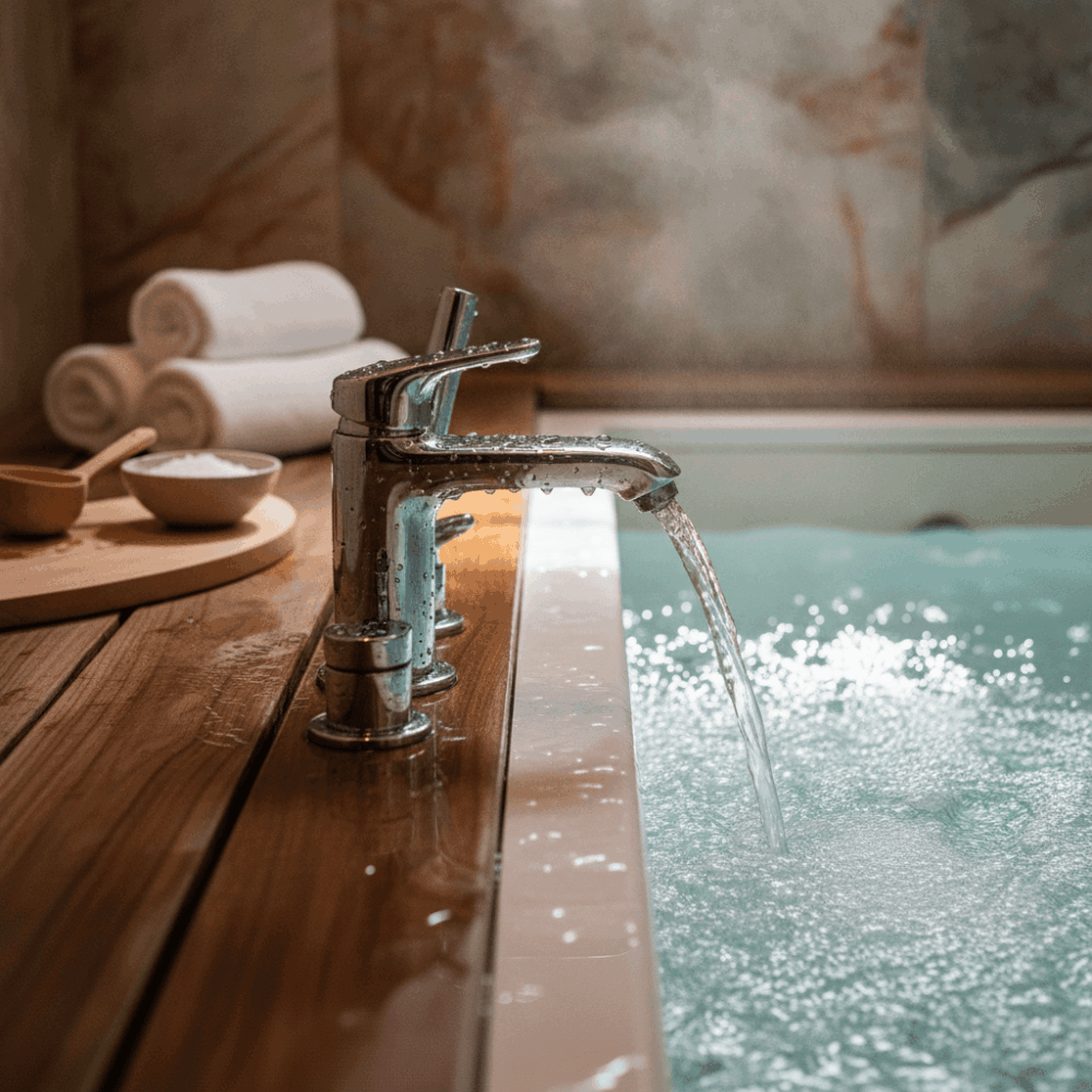 Équipements haut de gamme de spa privatif avec jets de jacuzzi et finitions bois et pierre