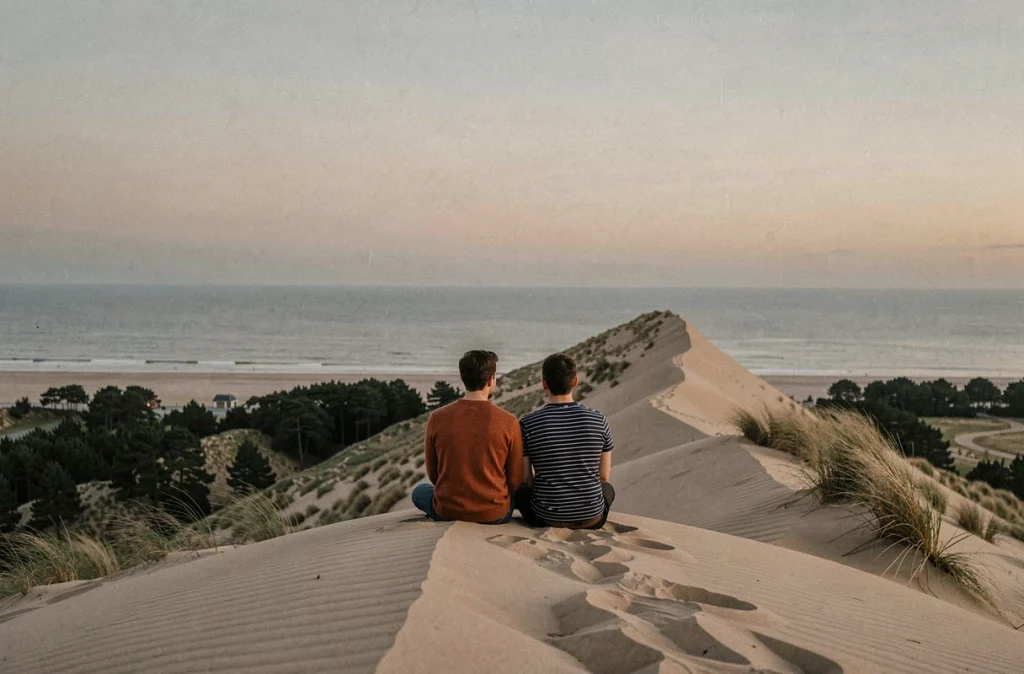Couple assis au sommet de la Dune du Pilat au crépuscule face à l'horizon de l'Atlantique