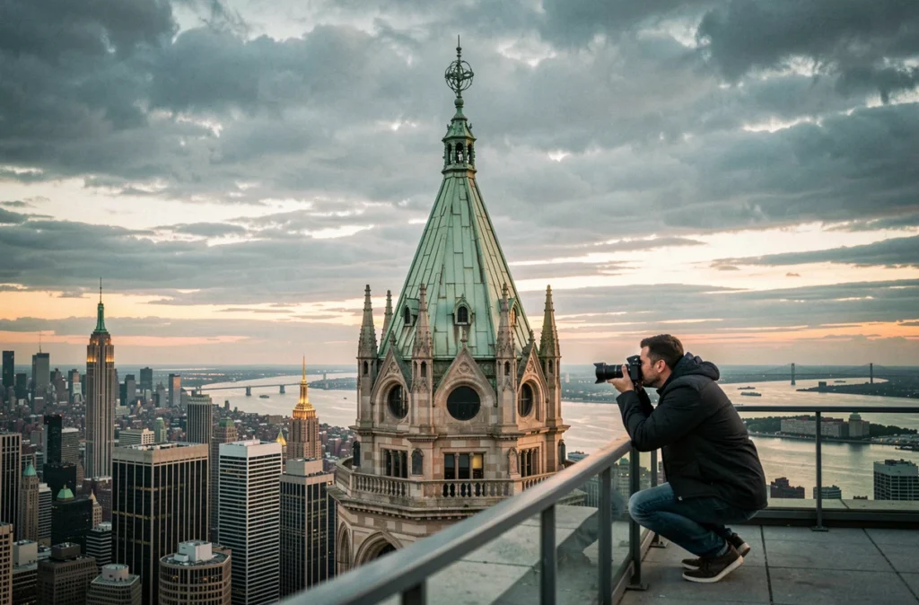 Couronne du Woolworth Building avec patine verte vue depuis un toit voisin avec panorama sur Manhattan et la rivière Hudson