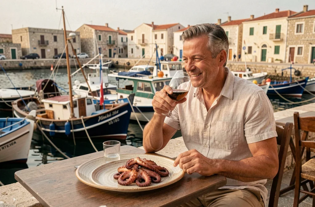 Touriste savourant des fruits de mer dans un café en bord de port à Marsaxlokk Malte