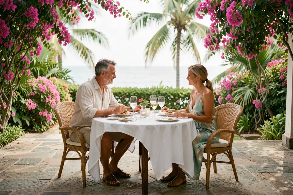 Couple profitant d'un dîner gastronomique en terrasse dans un hôtel 5 étoiles en Guadeloupe entouré de végétation tropicale