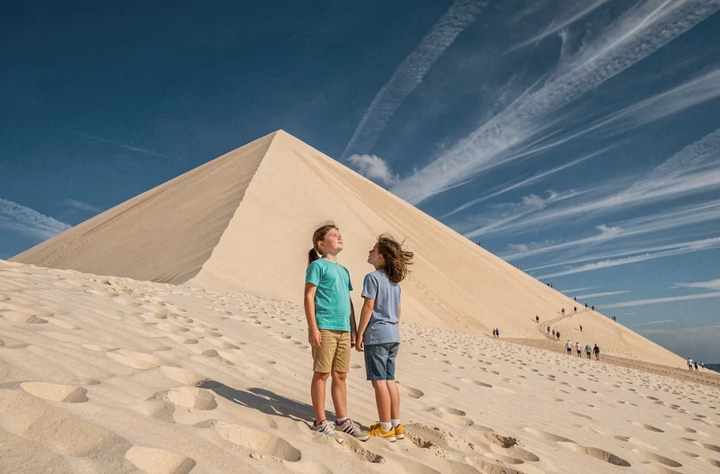 Deux enfants au pied de la Dune du Pilat admirant la hauteur impressionnante du sable