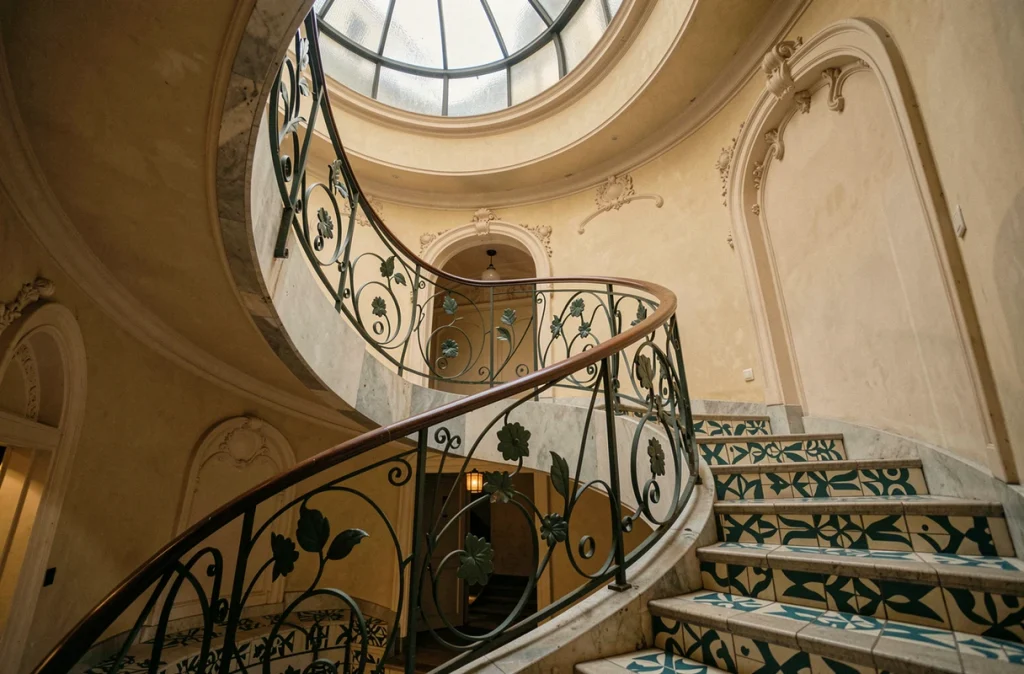 Escalier intérieur Art nouveau des Maisons Wagner à Vienne avec rampes en fer forgé et carrelage géométrique