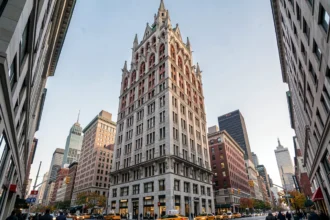 Façade néo-gothique du Woolworth Building vue depuis Broadway avec gargouilles en terracotta et piétons new-yorkais au premier plan