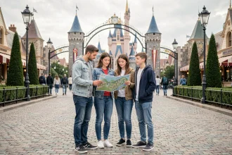 Famille consultant le plan d'Eurodisney Paris devant l'entrée du parc pour organiser leur journée avec le système FastPASS