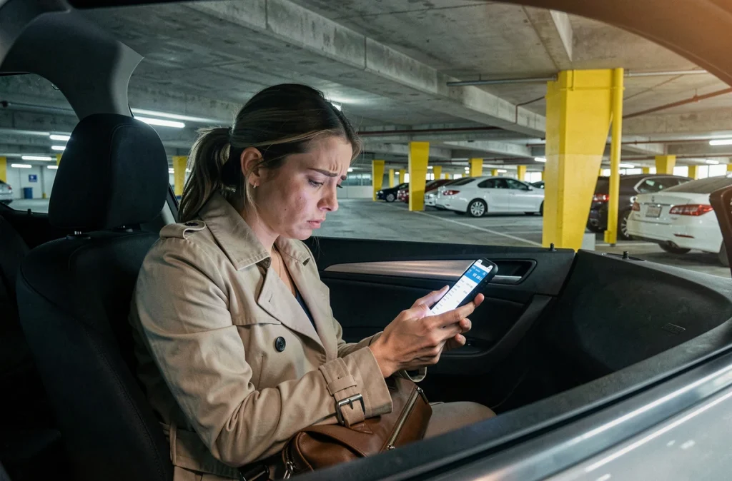 Femme stressée consultant les tarifs du parking P5 de Toulouse sur son téléphone depuis l'intérieur d'une voiture dans un parking couvert