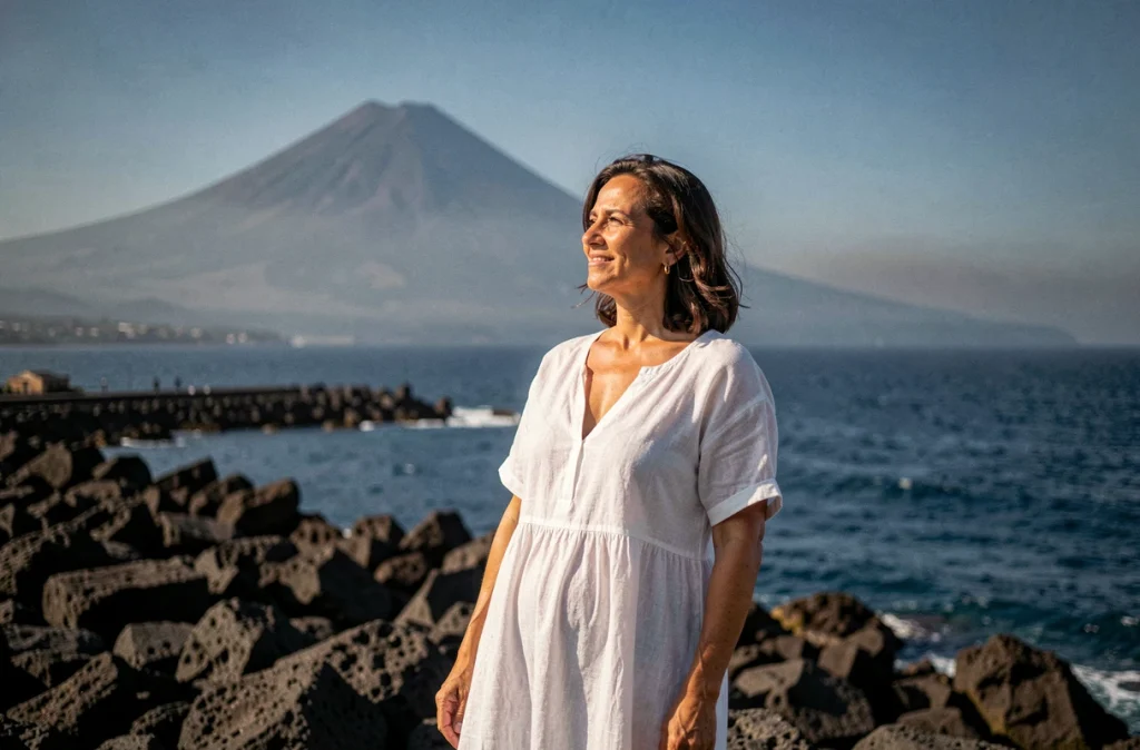 Femme en robe de lin blanc contemplant la mer Ionienne depuis les rochers volcaniques noirs de la côte sicilienne près de Taormine avec l'Etna en arrière-plan