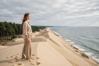 Femme au sommet de la Dune du Pilat contemplant l'océan Atlantique et la forêt des Landes