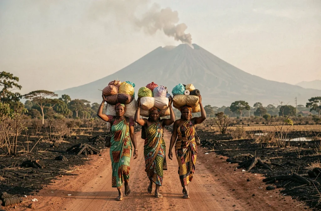 Femmes congolaises fuyant l'éruption du Nyiragongo sur une route poussiéreuse avec le volcan visible en arrière-plan