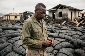 Habitant de Goma debout devant les ruines d'une maison recouverte de lave solidifiée du Nyiragongo