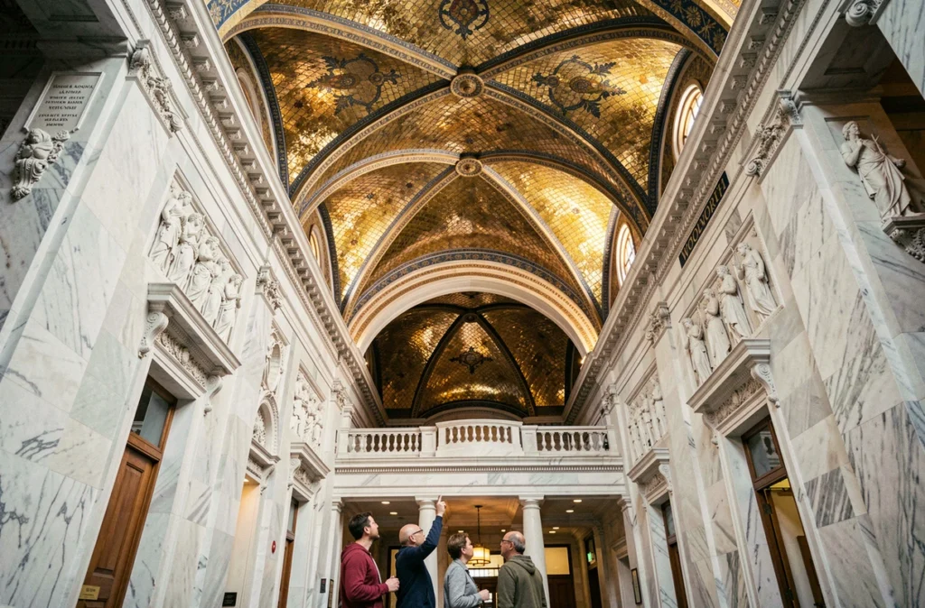 Intérieur du hall du Woolworth Building avec plafond en mosaïque dorée de style byzantin et visiteurs admirant les détails architecturaux