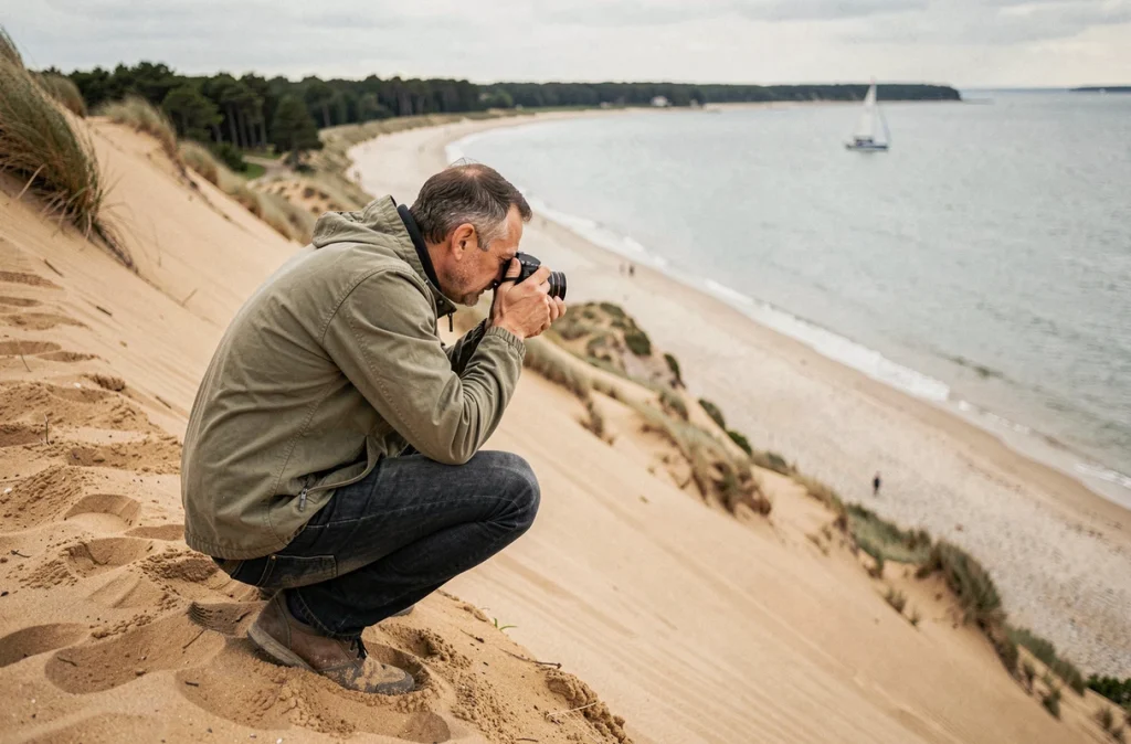 Homme photographiant la vue depuis la pente de la Dune du Pilat vers le Bassin d'Arcachon