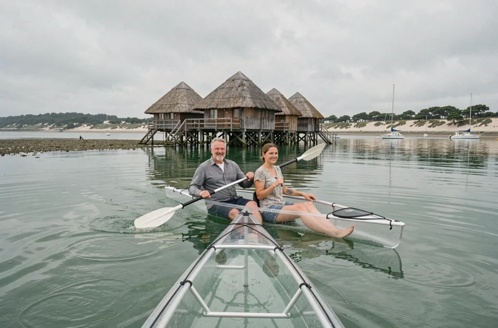 Couple en kayak transparent face aux cabanes tchanquées sur l'Île aux Oiseaux à Arcachon