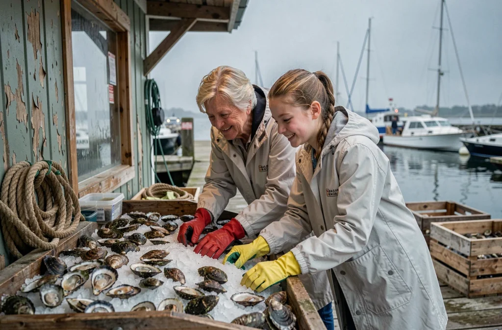 Grand-mère et petite-fille découvrant le marché aux huîtres du Bassin d'Arcachon