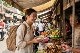 Voyageuse solo explorant un marché de rue à Phnom Penh, Cambodge, en mangeant une soupe locale à petit prix