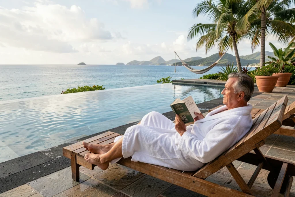 Homme se relaxant au bord d'une piscine à débordement avec vue sur la mer dans un resort 5 étoiles en Guadeloupe