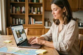 Femme planifiant ses vacances sur un site de voyage en ligne depuis chez elle