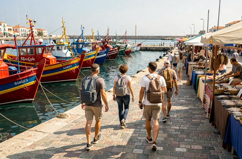 Groupe de voyageurs se promenant sur le quai de Marsaxlokk devant les barques luzzu colorées