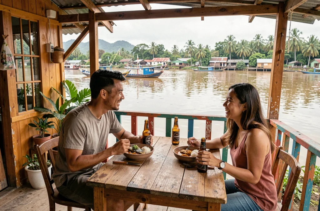 Deux voyageurs partageant un repas local bon marché en terrasse d'une guesthouse au bord de la rivière à Kampot, Cambodge