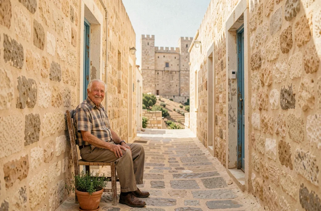 Ruelle étroite en pierre dorée à Victoria sur l'île de Gozo avec un homme âgé assis devant une porte bleue et la Citadelle médiévale visible au fond