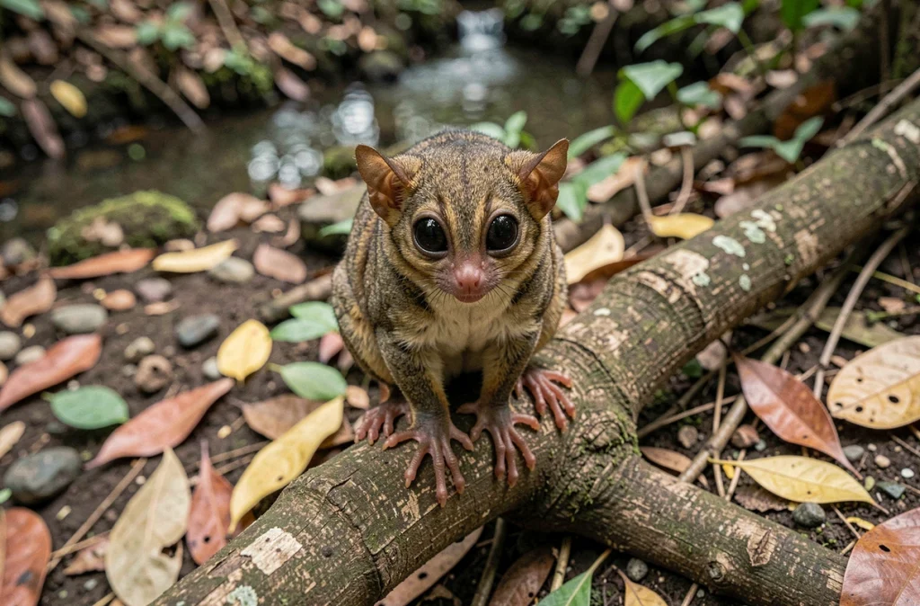 Tarsier philippin perché sur une racine d'arbre en rotation de tête dans la forêt de Bohol