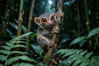 Tarsier des Philippines agrippé à une branche moussue dans la forêt tropicale nocturne, ses grands yeux ambrés bien ouverts
