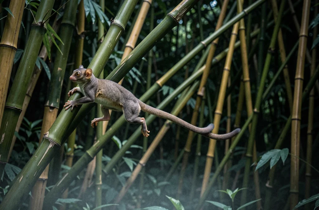 Tarsier des Philippines en plein saut entre des bambous dans la jungle nocturne, pattes arrière tendues