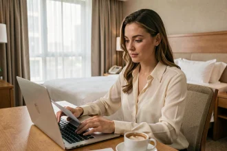 Femme en télétravail dans une chambre d'hôtel avec un laptop et un café, illustrant le concept de daysue pour travailler à l'hôtel