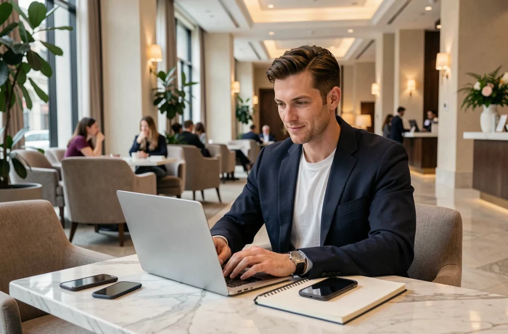 Homme en télétravail dans un espace coworking de lobby d'hôtel avec un laptop et un carnet, concept de journée de travail à l'hôtel avec daysue