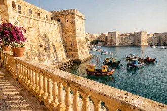 Terrasse en pierre calcaire dorée avec vue panoramique sur le Grand Port de La Valette à Malte, bateaux traditionnels luzzu colorés sur l'eau turquoise