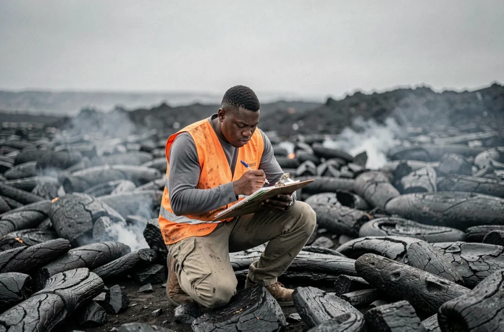 Volcanologue congolais prenant des mesures sur un champ de lave solidifiée au pied du Nyiragongo