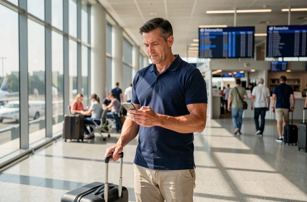Voyageur consultant son téléphone dans un terminal d'aéroport avant son départ en vacances