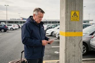 Voyageur confus lisant son ticket de parking devant un panneau de zone au parking P5 de l'aéroport de Toulouse